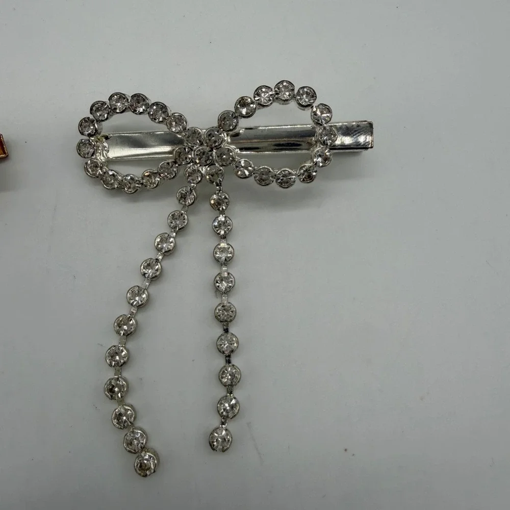 Vintage Y2K Rhinestone Bow Hair Clip Set Gold Silver Tassel Barrette 2pc